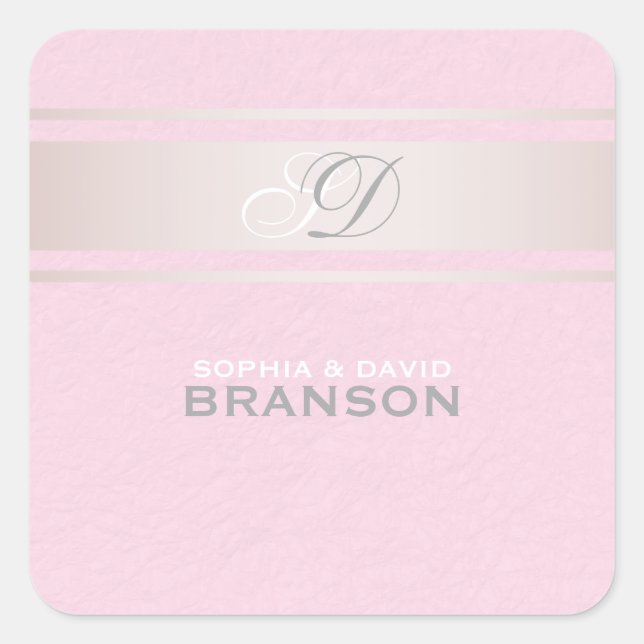 Elegant Pink Stripes Pink Textured Monogram Square Sticker (Front)