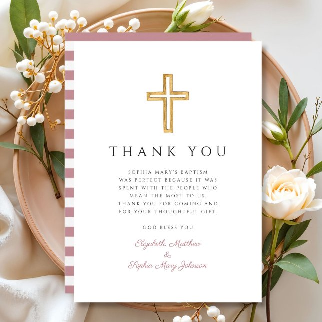 Elegant Pink Stripes Religious Cross Girl Baptism Thank You Card (Elegant Pink Stripes Religious Cross Girl Baptism Thank You Card)