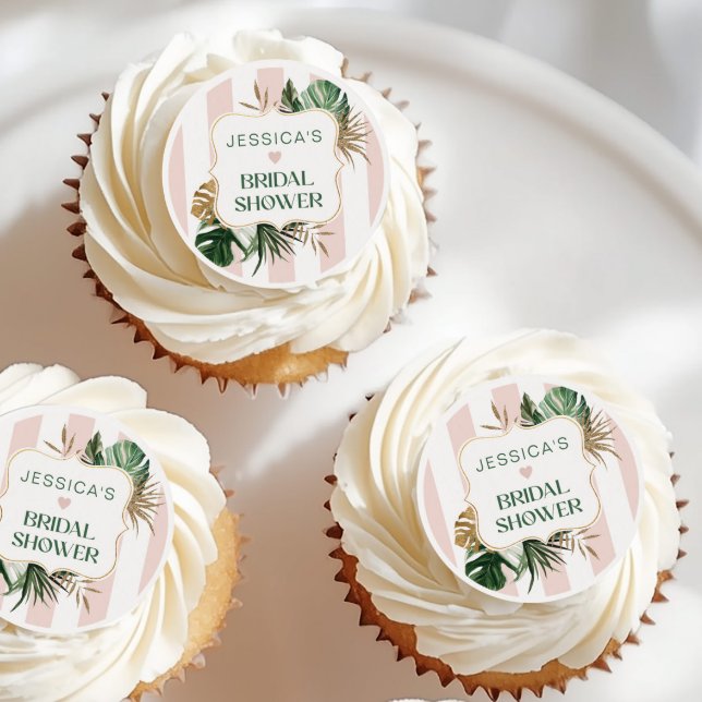 Elegant Pink stripes tropical girly bridal shower Edible Frosting Rounds (Creator Uploaded)