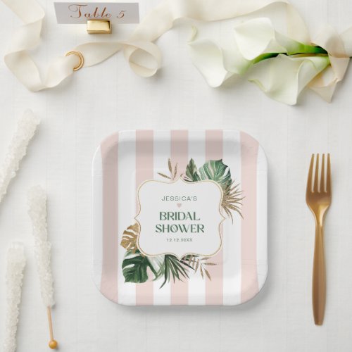 Elegant Pink stripes tropical girly bridal shower Paper Plates