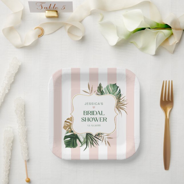 Elegant Pink stripes tropical girly bridal shower Paper Plates (Wedding)
