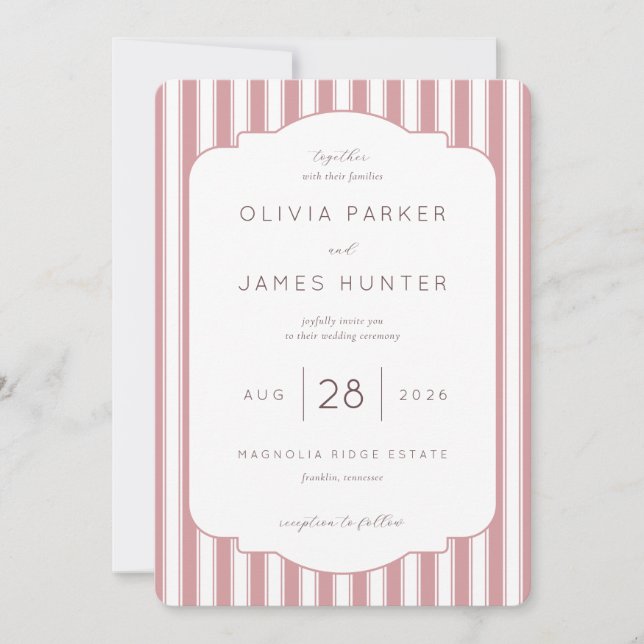 Elegant Pink Stripes Wedding Invitation (Front)