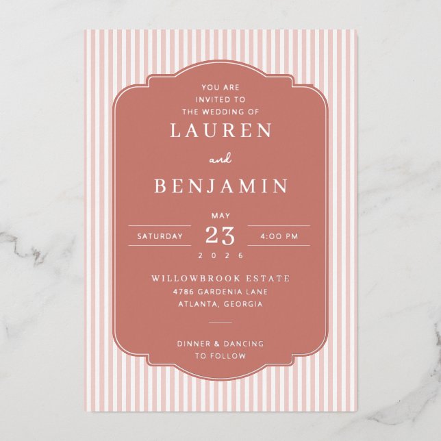 Elegant Pink Stripes Wedding Invitation Foil Invitation (Front)