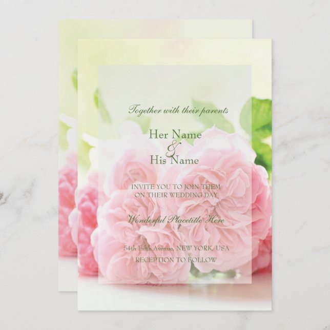 Elegant Pink Summer Rose Wedding Invitation (Front/Back)