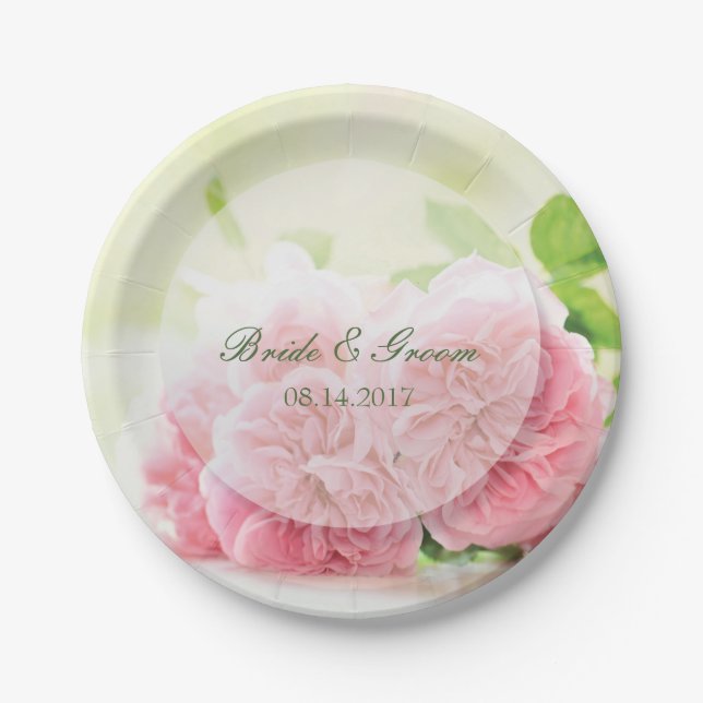 Elegant Pink Summer Rose Wedding Paper Plates (Front)
