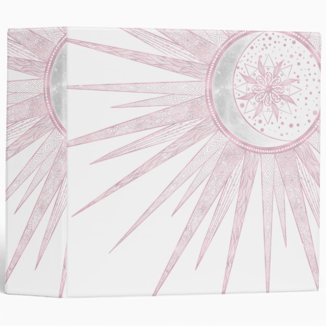 Elegant Pink Sun Moon Doodle Mandala White Design 3 Ring Binder (Front/Spine)