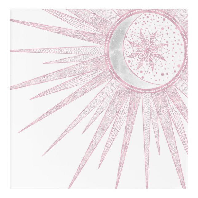 Elegant Pink Sun Moon Doodle Mandala White Design Acrylic Print (Front)