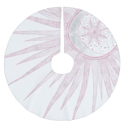 Elegant Pink Sun Moon Doodle Mandala White Design Brushed Polyester Tree Skirt
