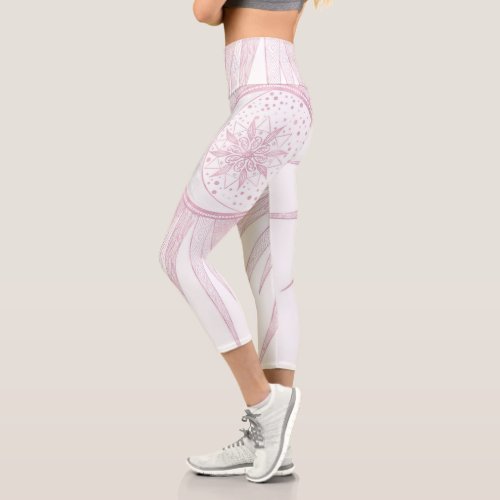 Elegant Pink Sun Moon Doodle Mandala White Design Capri Leggings