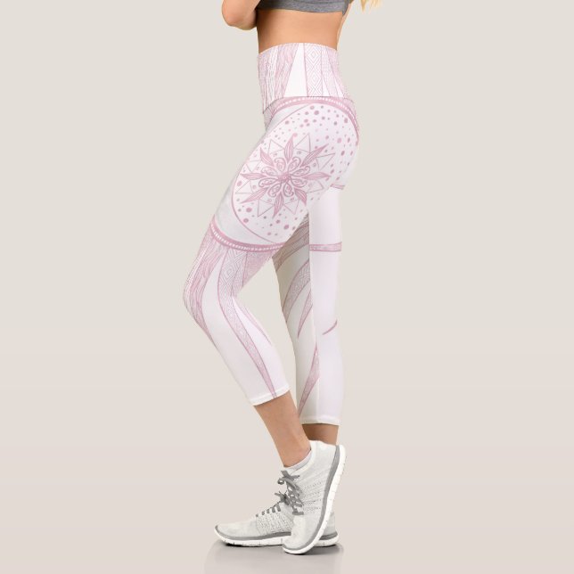 Elegant Pink Sun Moon Doodle Mandala White Design Capri Leggings (Left)