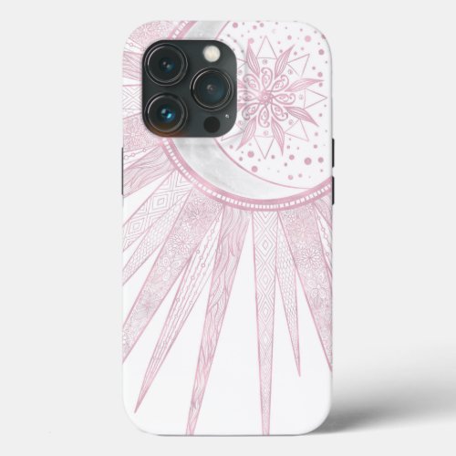 Elegant Pink Sun Moon Doodle Mandala White Design iPhone 13 Pro Case