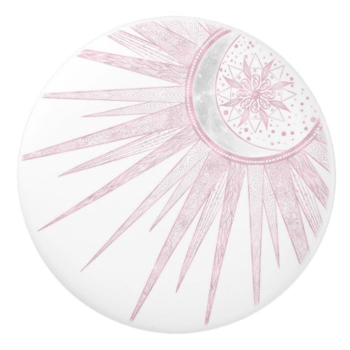 Elegant Pink Sun Moon Doodle Mandala White Design Ceramic Knob