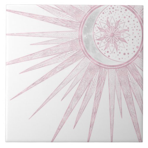 Elegant Pink Sun Moon Doodle Mandala White Design Ceramic Tile