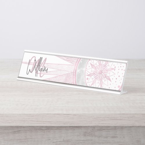 Elegant Pink Sun Moon Doodle Mandala White Design Desk Name Plate