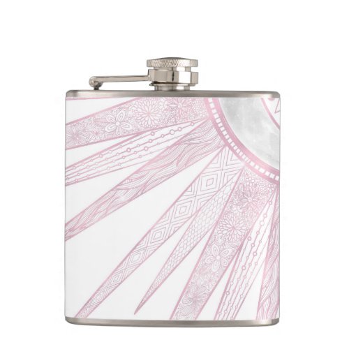 Elegant Pink Sun Moon Doodle Mandala White Design Flask
