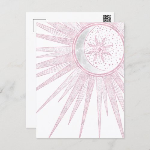 Elegant Pink Sun Moon Doodle Mandala White Design Holiday Postcard