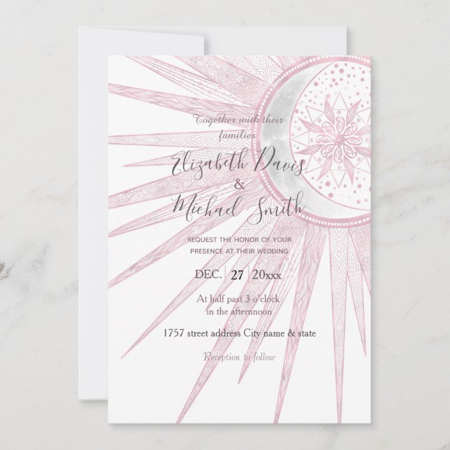 Elegant Pink Sun Moon Doodle Mandala White Design Invitation (Front)