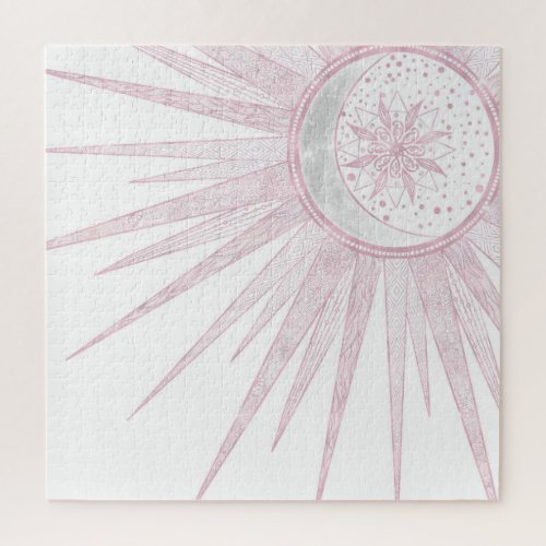 Elegant Pink Sun Moon Doodle Mandala White Design Jigsaw Puzzle