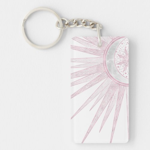 Elegant Pink Sun Moon Doodle Mandala White Design Keychain