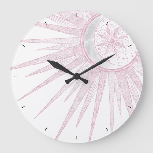 Elegant Pink Sun Moon Doodle Mandala White Design Large Clock