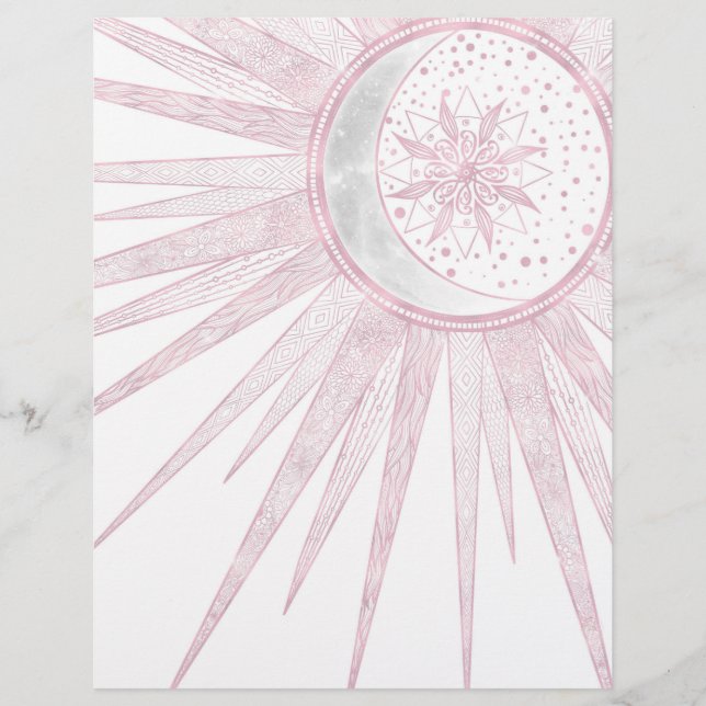 Elegant Pink Sun Moon Doodle Mandala White Design Letterhead (Front)