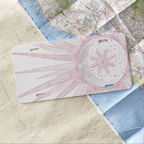 Elegant Pink Sun Moon Doodle Mandala White Design License Plate