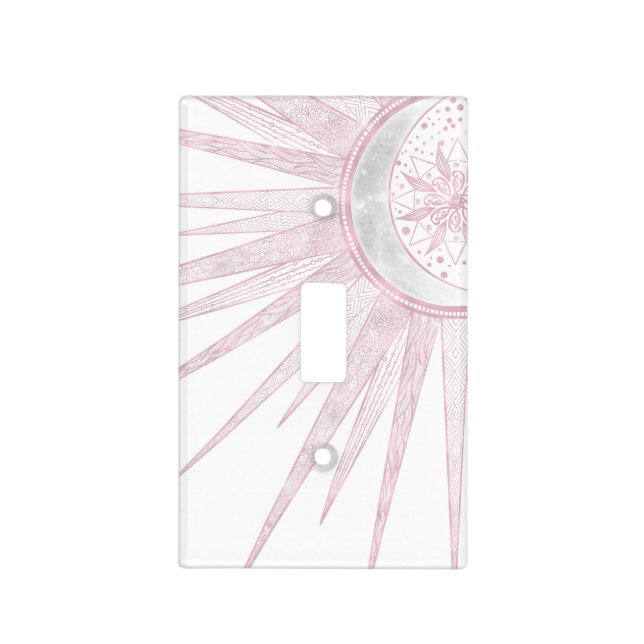 Elegant Pink Sun Moon Doodle Mandala White Design Light Switch Cover (Front)