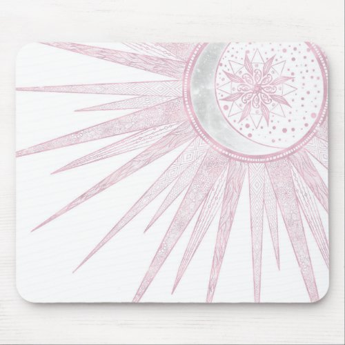 Elegant Pink Sun Moon Doodle Mandala White Design Mouse Pad
