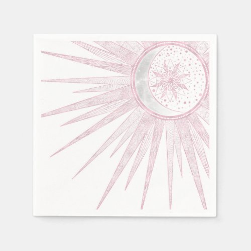 Elegant Pink Sun Moon Doodle Mandala White Design Napkins