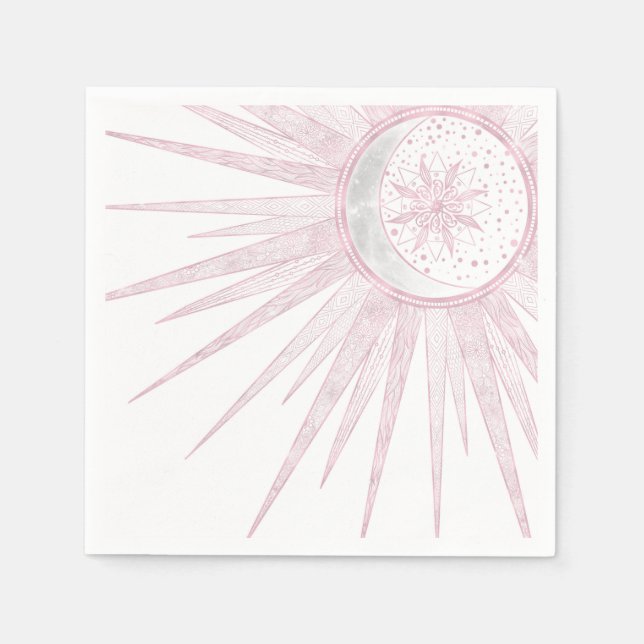 Elegant Pink Sun Moon Doodle Mandala White Design Napkins (Front)