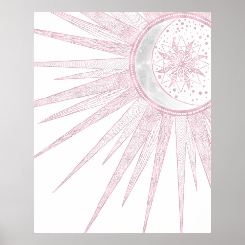 Elegant Pink Sun Moon Doodle Mandala White Design Poster