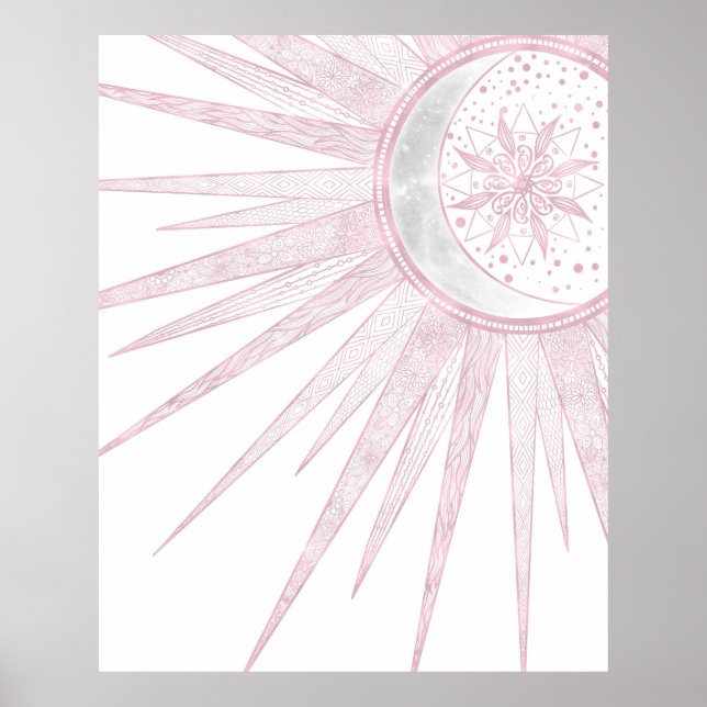 Elegant Pink Sun Moon Doodle Mandala White Design Poster (Front)