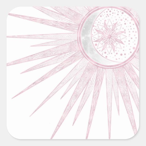 Elegant Pink Sun Moon Doodle Mandala White Design Square Sticker