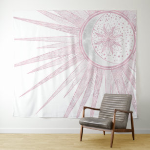 Elegant Pink Sun Moon Doodle Mandala White Design Tapestry