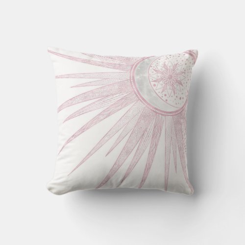 Elegant Pink Sun Moon Doodle Mandala White Design Throw Pillow