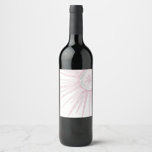 Elegant Pink Sun Moon Doodle Mandala White Design Wine Label
