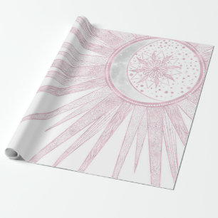 Elegant Pink Sun Moon Doodle Mandala White Design Wrapping Paper