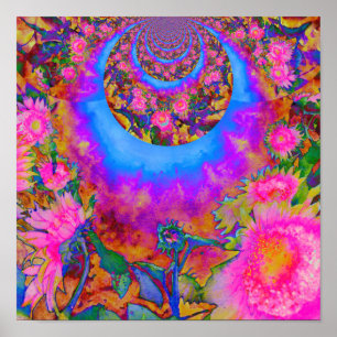Elegant pink sunflower fields retro mandala poster