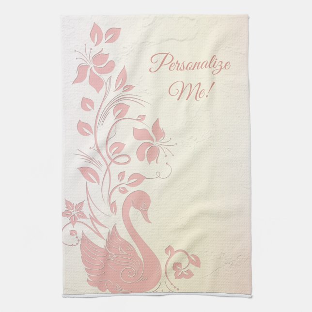 Elegant Pink Swan Vintage Personalized Kitchen Towel (Vertical)