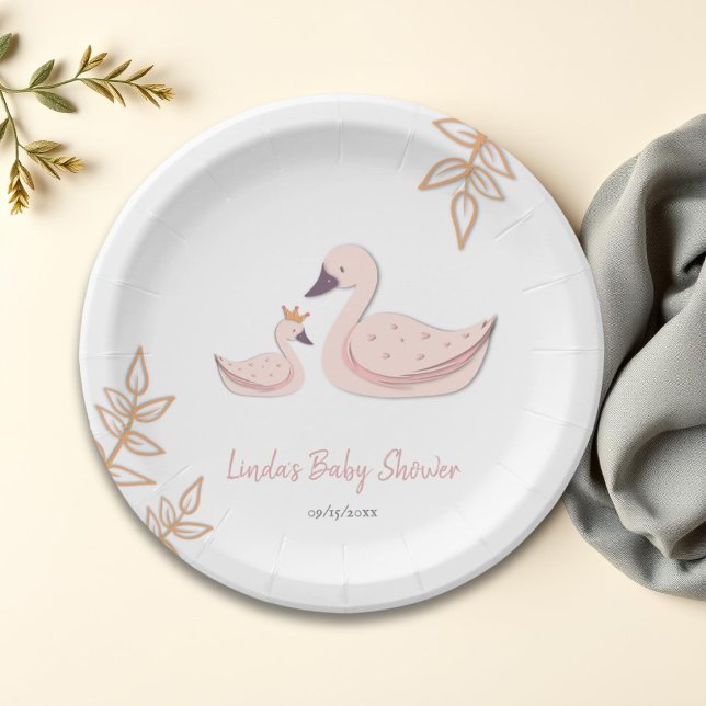 Elegant Pink Swan with Baby Girl Baby Shower Paper Plates (Creator Uploaded)