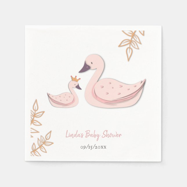 Elegant Pink Swan with Cygnet Girl Baby Shower Napkins (Front)