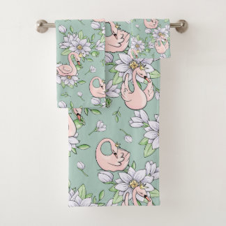 Elegant Pink Swans Gold Crown Pattern Bath Towel Set
