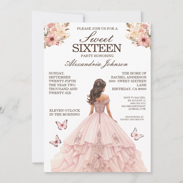 Elegant Pink Sweet 16 Fancy Dress Invitations (Front)