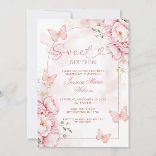 Elegant Pink Sweet 16 Invitation with Butterflies