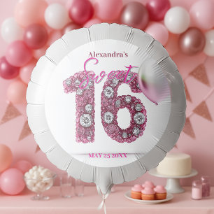 Elegant Pink Sweet 16 with Sparkling Gem Accents Balloon