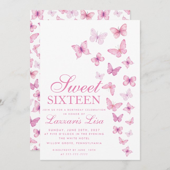 Elegant Pink Sweet  sixteent Butterflies Birthday Invitation (Front/Back)