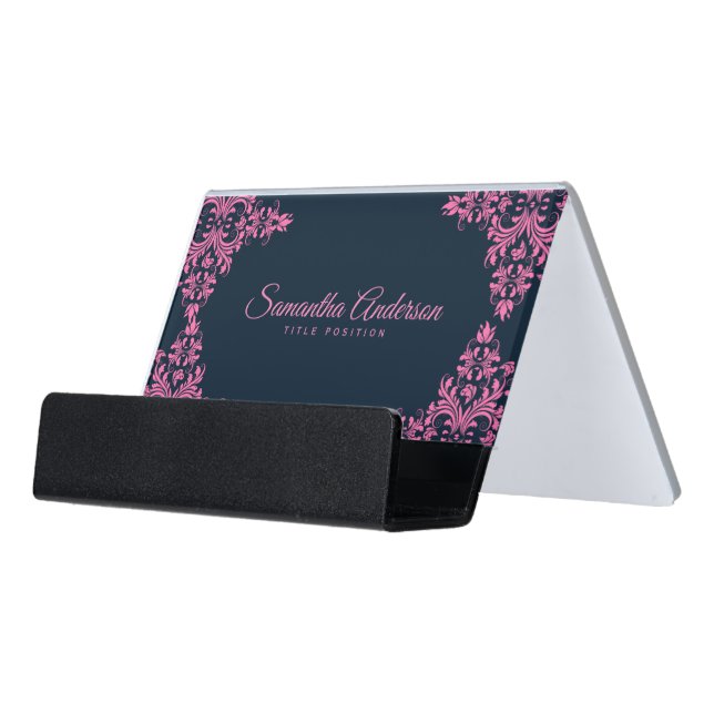 Elegant Pink Swirls Blue Background Desk Business Card Holder (Angled Front)