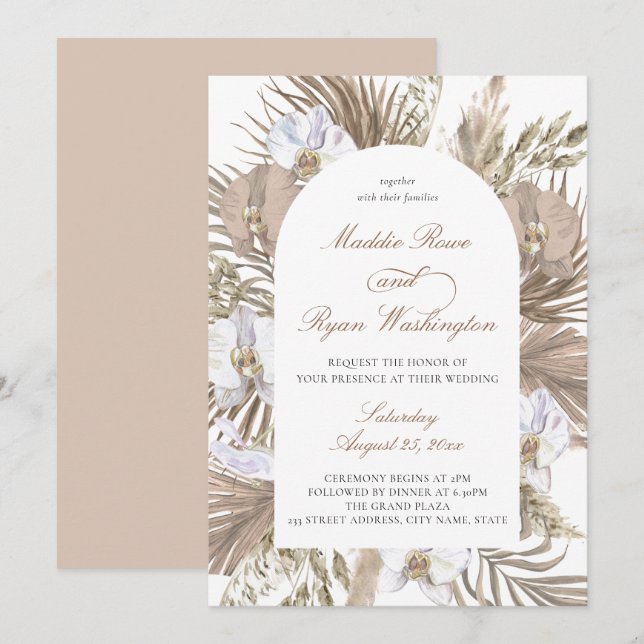 Elegant Pink & Tan Boho Pampas Floral Arch Wedding Invitation (Front/Back)
