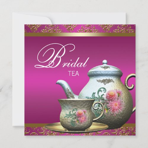 Hot Pink Gold Damask Tea Cup Bridal Shower Custom Invites
