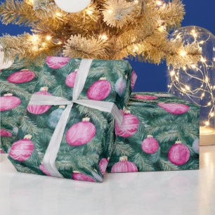 Elegant pink teal Christmas baubles Wrapping Paper